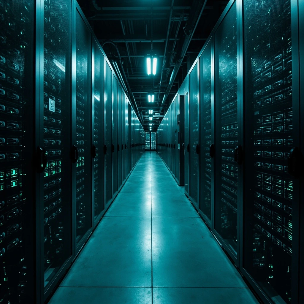 Monochrome photograph of a Fortune 10 enterprise data hall, desaturated with a teal split-tone.
