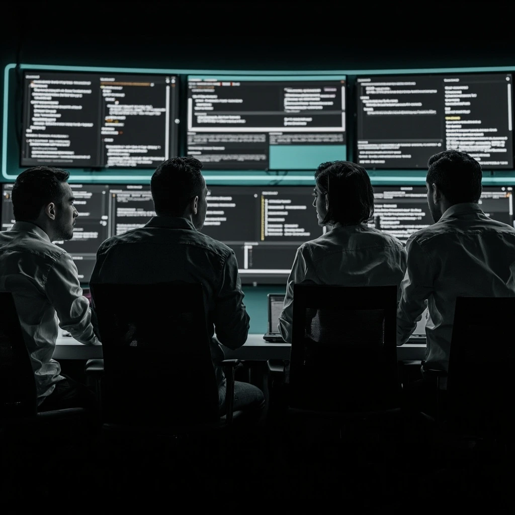 Monochrome photograph of an AI-native unicorn engineering team reviewing terminal output, lifted with a teal split-tone.