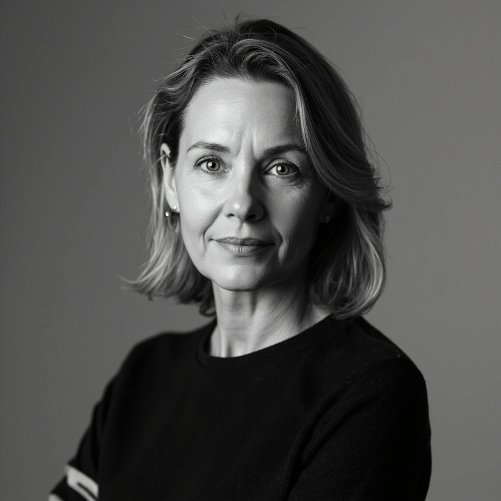 Monochrome studio portrait of Dr. Lena Voronova, co-founder of VLVC.